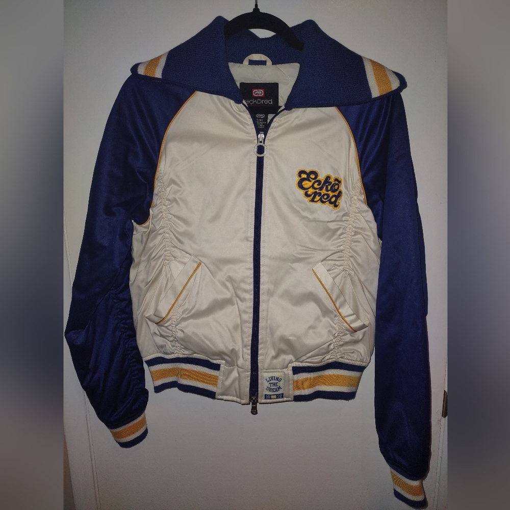 Rare Ecko Red Blue and Cream Satin Retro Jacket